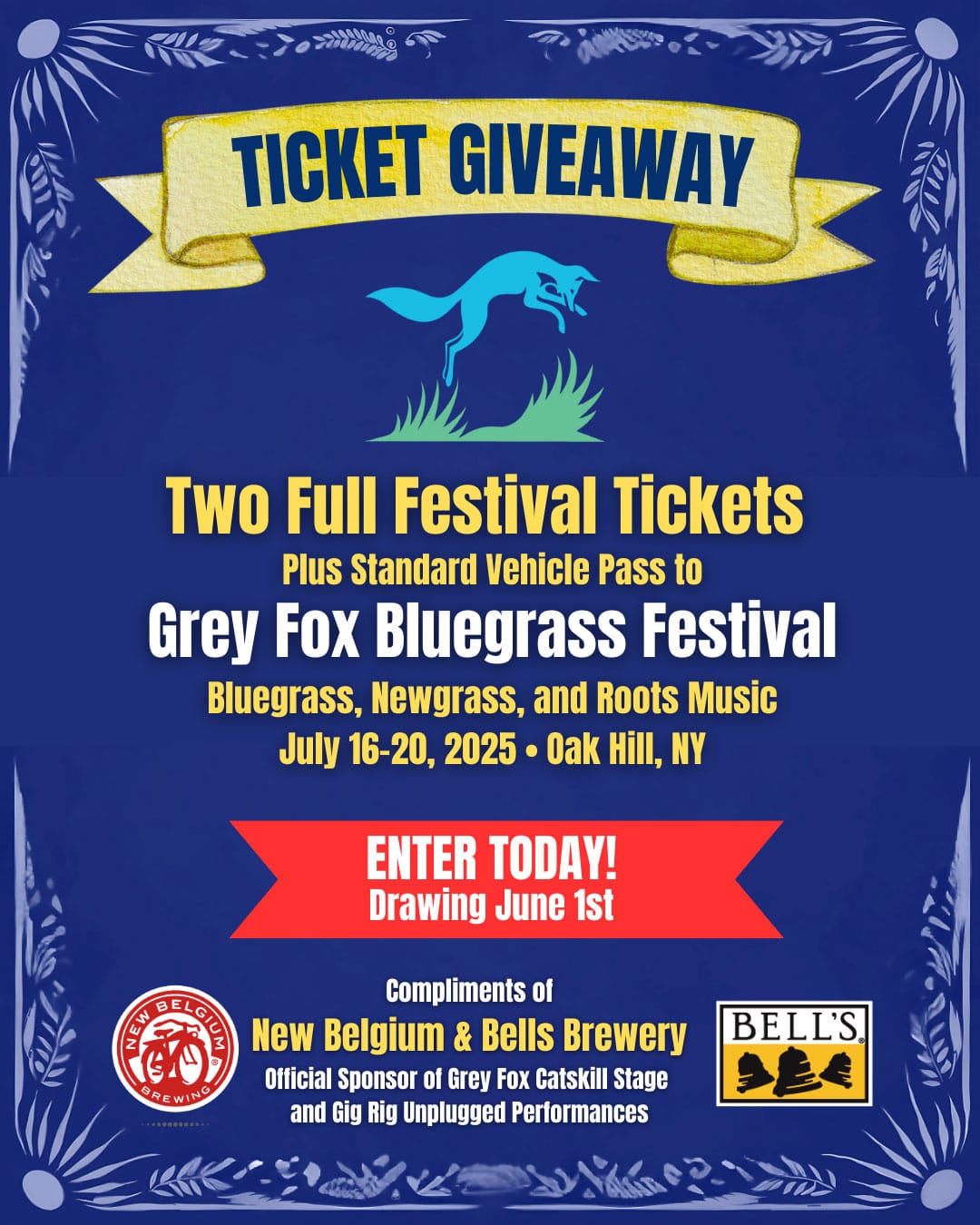- Grey Fox Bluegrass Festival New Belgium - Bells Brewery giveaway poster